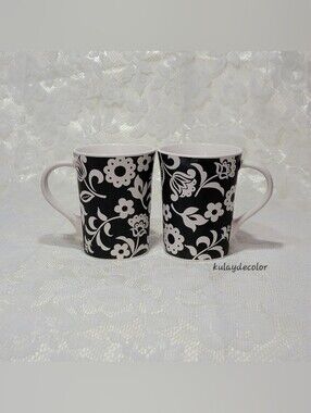 Room Creative Blooms 2008 Signature Housewares Black White Floral Coffee Mugs